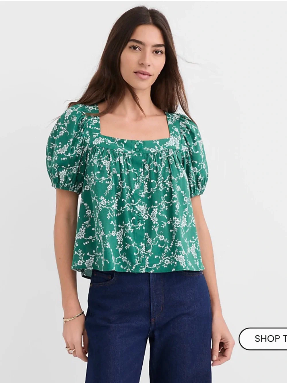 LOFT Green Floral Square-Neck Puff Sleeve Blouse
